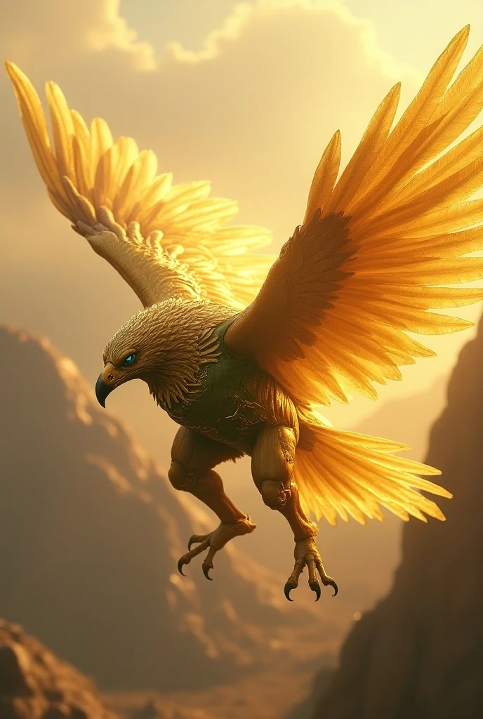 Golden Winged Griffin：With golden wings and a brave gaze，Wearing a helmet made of steel，Wearing a robe made of heavy golden armor，Sharp golden claw boots，Circling on the top of the cliff，The background is the howling wind。