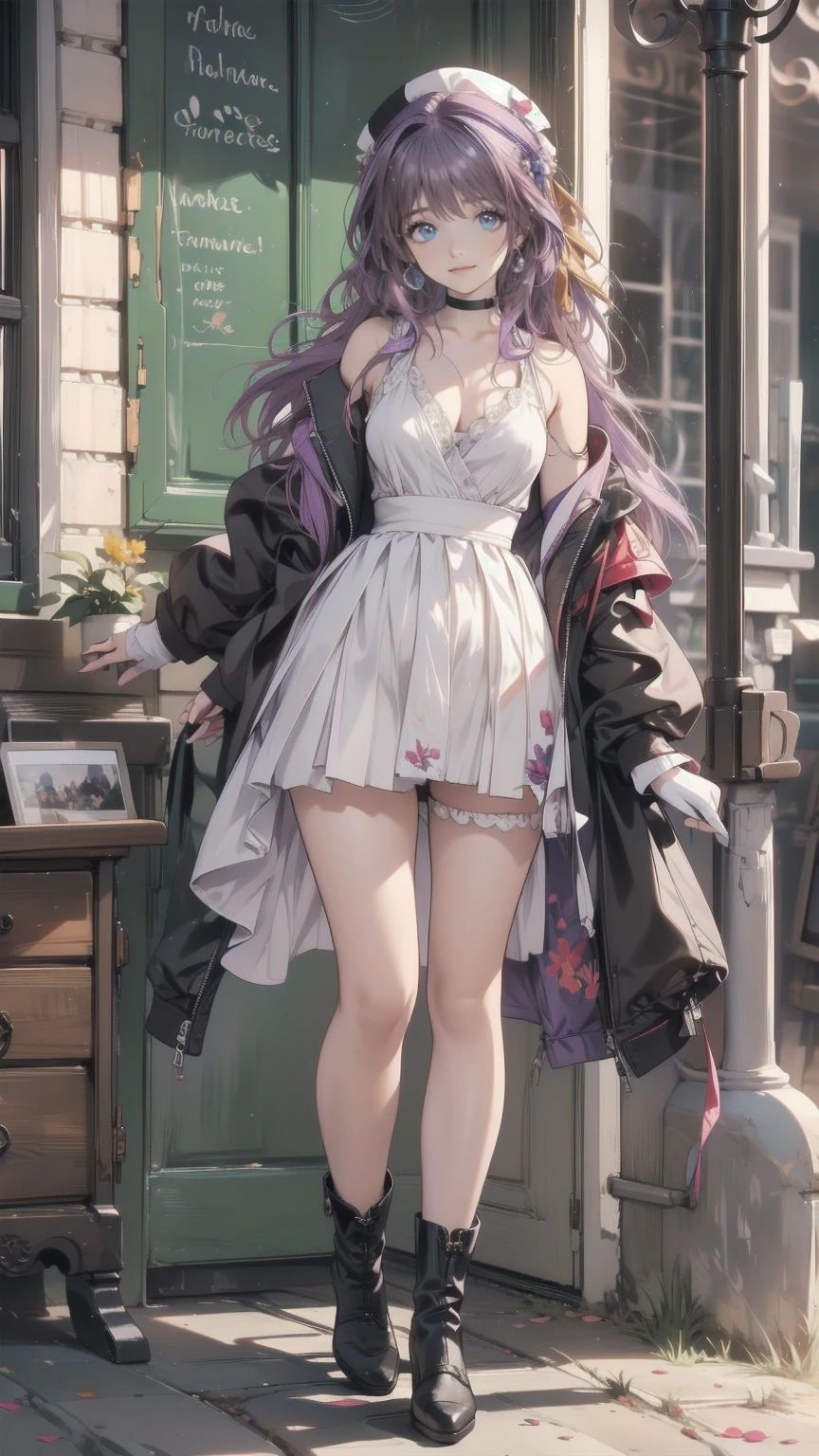 Anime Art、City Roads、  full body portrait 、 Modern Street Killer 、Ruins of the Moonlight 、Tall Woman, : about. 175cm, Around 20 years old, Wear a black jacket and shorts,   Wears Silver Earrings in Her Ears 、Black socks、 Short Medium Hairstyle 、 Eyes Are Hidden with Bangs 、 Purple Hair、 Wears a Red Hat 、Open your mouth, Intimidating smile、 purple eyes、gloves、 stockings、boots、 Wears a Black Jacket and Shorts 
