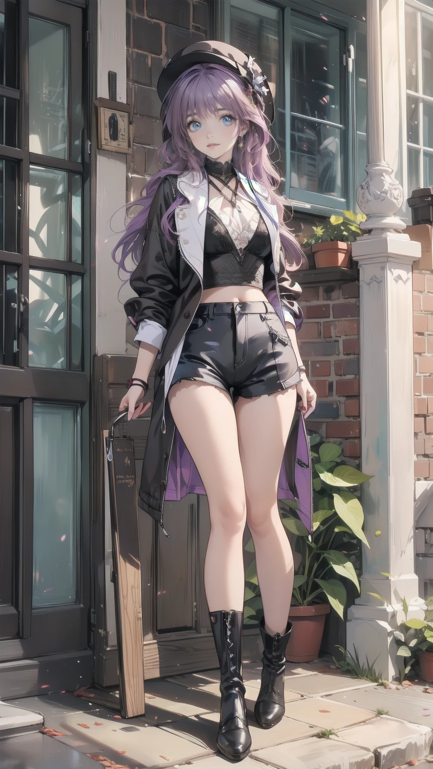 Anime Art、City Roads、  full body portrait 、 Modern Street Killer 、Ruins of the Moonlight 、Tall Woman, : about. 175cm, Around 20 years old, Wear a black jacket and shorts,   Wears Silver Earrings in Her Ears 、Black socks、 Short Medium Hairstyle 、 Eyes Are Hidden with Bangs 、 Purple Hair、 Wears a Red Hat 、Open your mouth, Intimidating smile、 purple eyes、gloves、 stockings、boots、 Wears a Black Jacket and Shorts 
