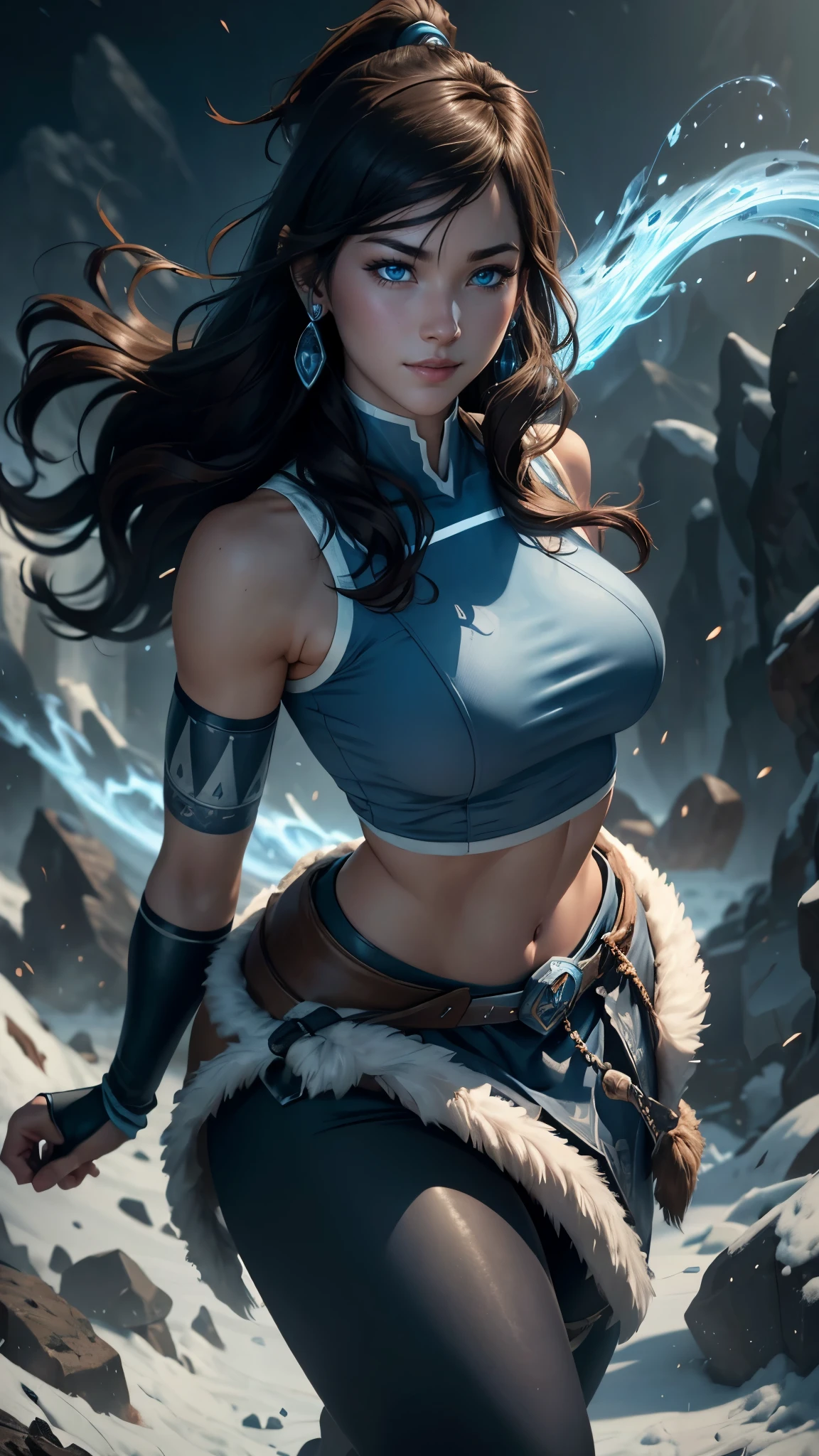 Korra da avatar,(best quality, 4K,8k,high resolution,work of art:1.2)(weather: showing), tundra background, artic village, wide hips, long curly hair, brown hair, freckles, sleeveless crop top, fur belt, bodycon winter skirt, leggings, winter boots, elbow long gloves, light makeup, dark eyeliner, blush, flirting pose, earrings, glowing eyes, ultra detailed, portrait, realistic, beautiful detailed blue eyes, beautiful detailed lips, extremely detailed eye and face, long eyelashes,average, large breasts, flying hair, beaming smile, sexy smile, powerful girl, bright coloured, dramatic lighting, blue flames,