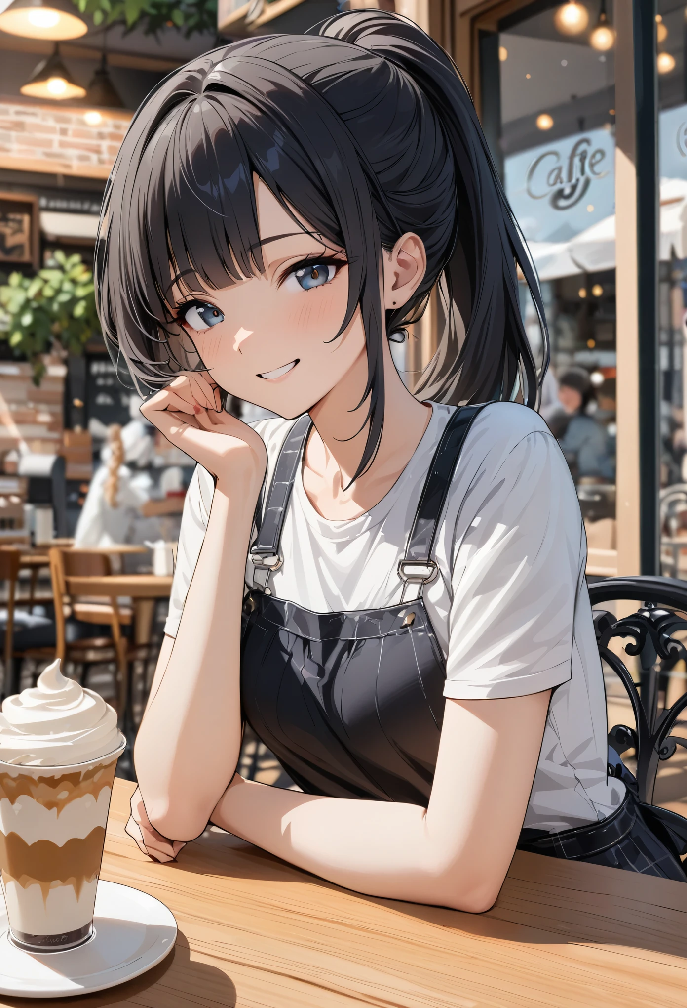 masterpiece, girl, Black Hair,  ponytail, smile, High-quality images, beautiful girl, Cafe