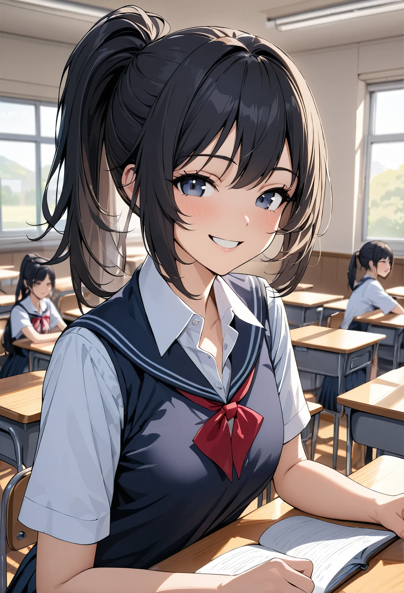 masterpiece, girl, Black Hair,  ponytail, smile, High-quality images, beautiful girl, school uniform, classroom