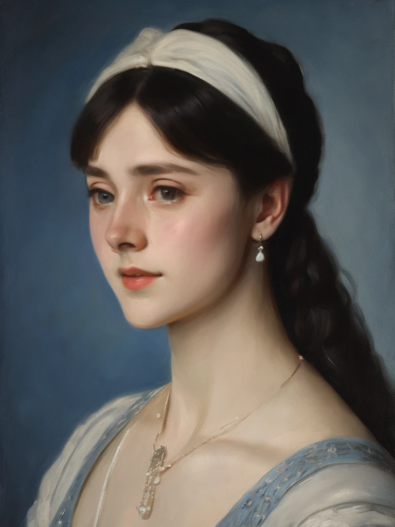 a portrait of a beautiful young girl, 18 years old, with long bright black hair, brow eyes, wearing a classic victoria dress, in a classical portrait style, oil painting, side view, face in focus, small smile, plain blue background, highly detailed, photorealistic, cinematic lighting, delicate skin, intricate facial features, elegant expression,1490s,hair down, round face, baby face,have bangs, portrait, sit down, no smile