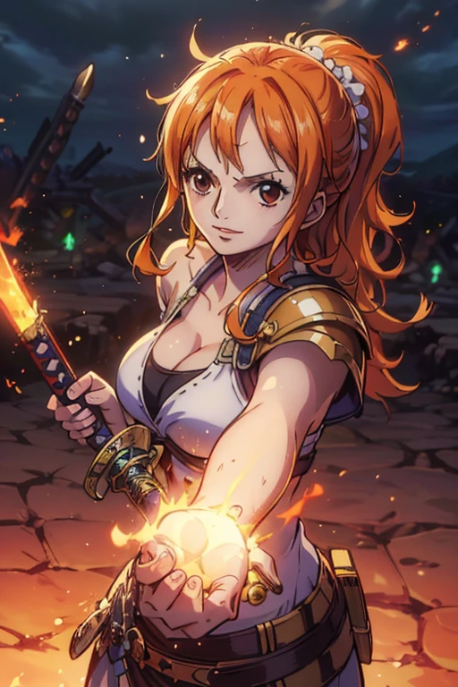  Masterpiece,(Best Quality, 4K, 8k,  High Resolution , masterpiece:1.2), Super detailed, (Realistic, photoRealistic, photo-Realistic:1.37),  Preserving Anime Style ,Nami from One Piece, pale orange hair ,Beautiful brown eyes,Left shoulder tattoo,Beautiful Lips,Beautiful lipstick,smile,Large Breasts, Female warrior,Paladin,Knight Armor,(Magic Sword),(Burning Spot :1.5), She is a mysterious knight composed of Greek mythology and can use the strongest swordplay praised by spirits,Combat with enemies, motion towards enemies, sword wielding ,motion activated light , fantasy worldview 