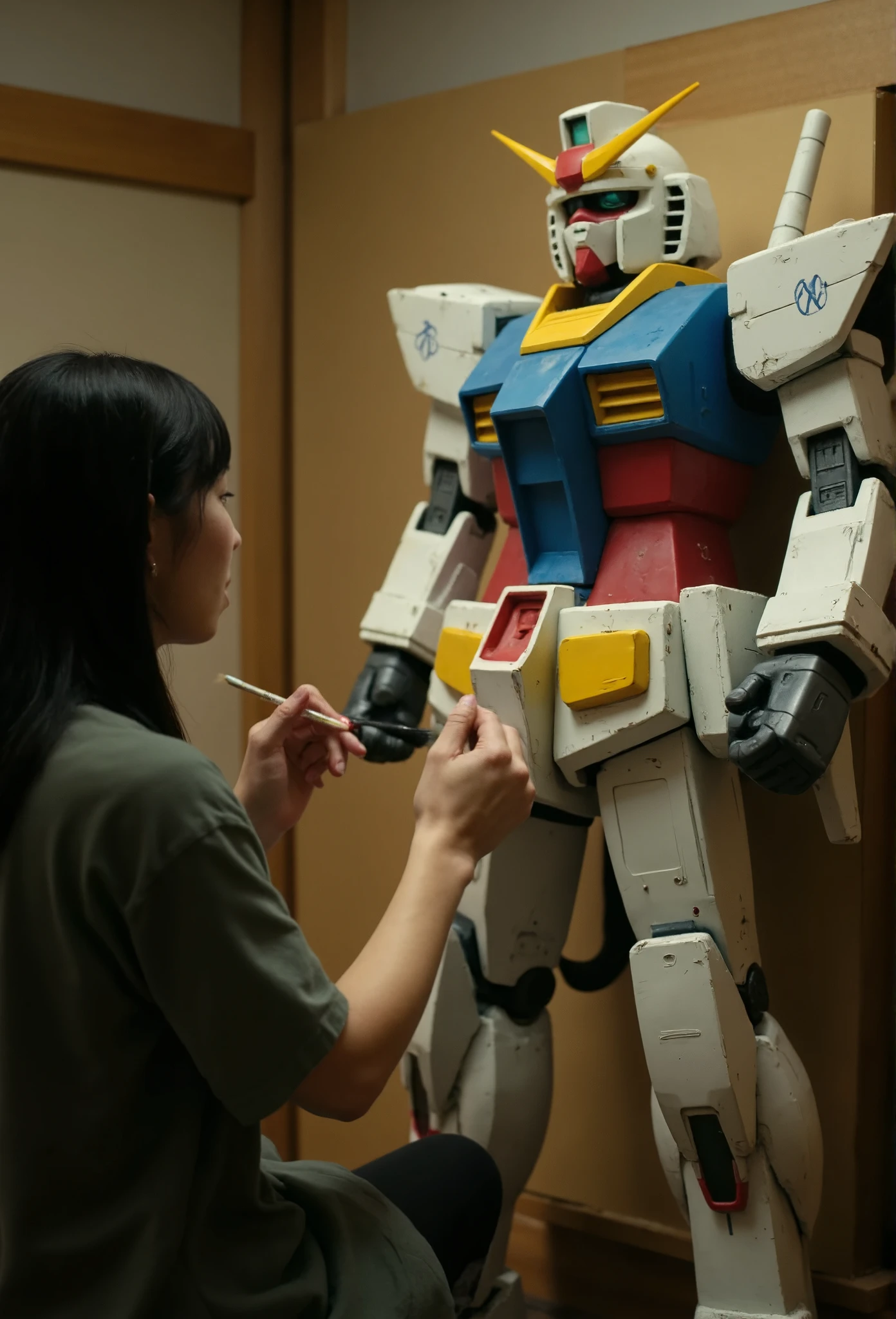 A girl and gundam sitting in cozy room, the girl painting a gundam in canvas, live-action、Realism、cinematic, Gundam&#39;s Armor、The official colours are white, red, blue and yellow、Very beautiful Japanese girl、Black Hair、Long Hair、Hime cut、Gundam Helmet、Dynamic pose, masterpiece、Best Quality