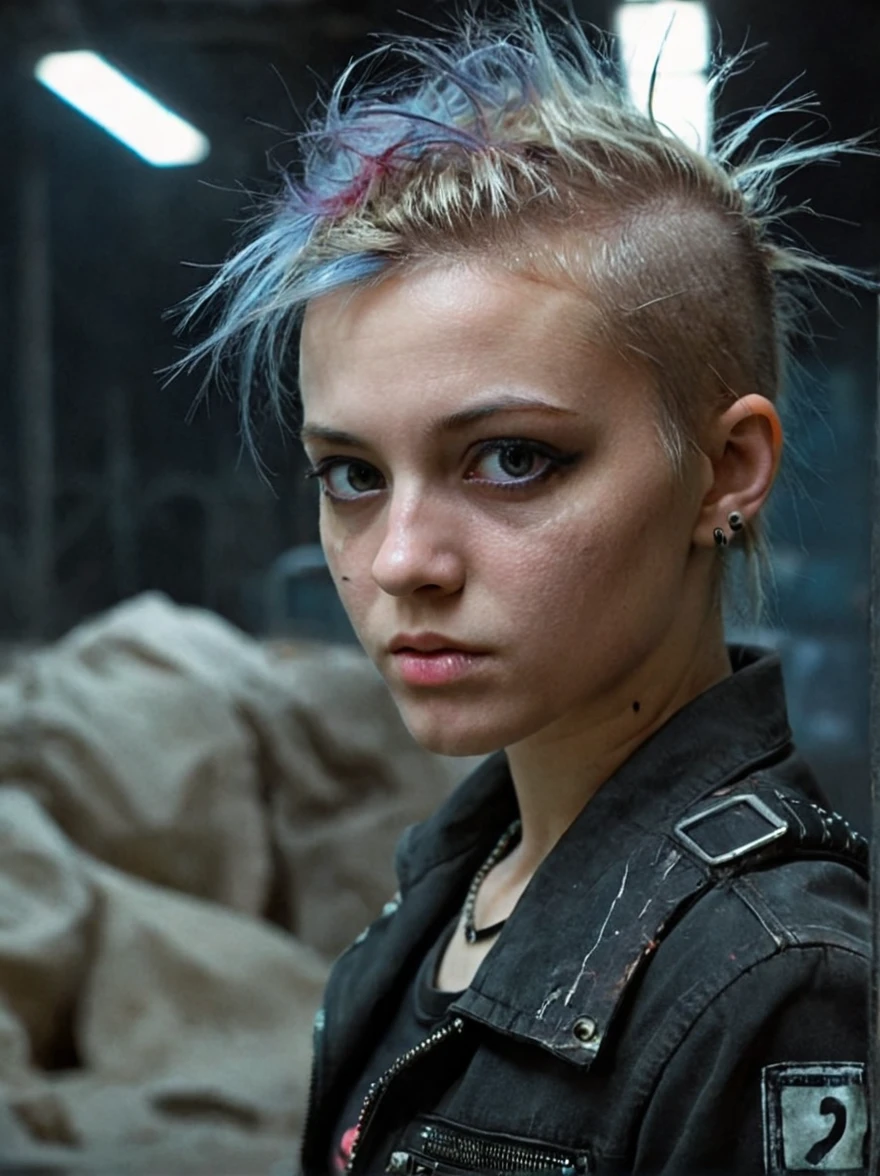 Portrait 1 young woman ,science fiction, Complex Background Punk, crazy max , futuristic, post-apocalyptic, dark, dim light, ((masterpiece, best quality, )),