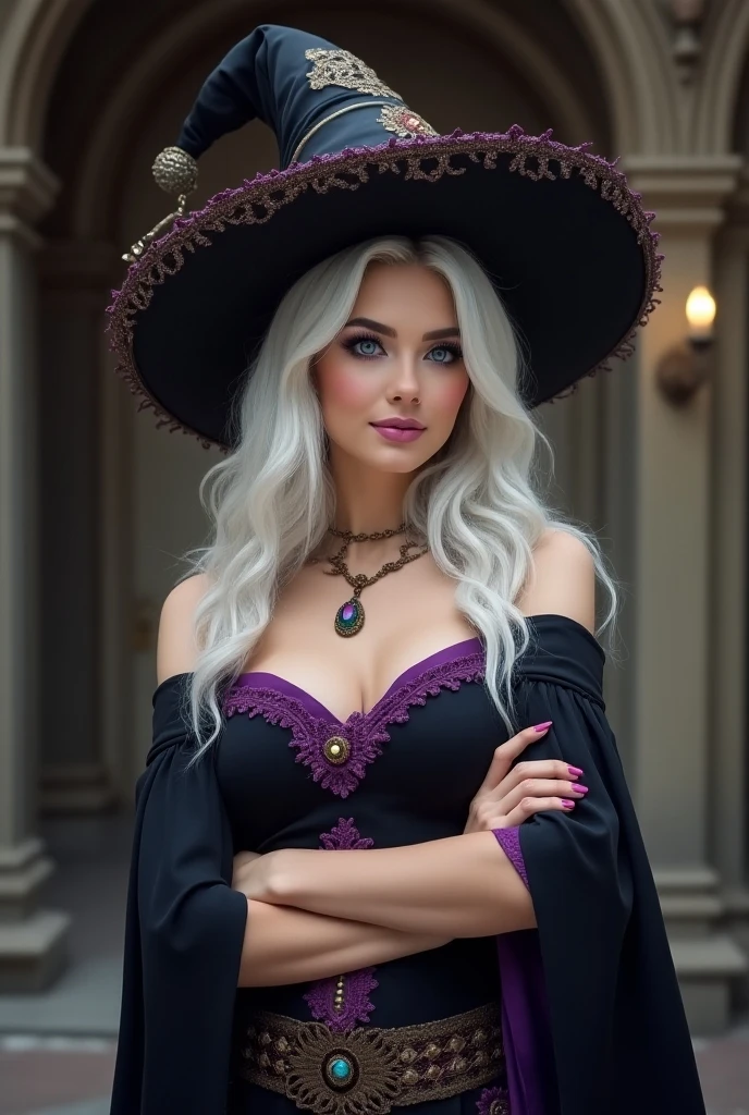best quality, highly detailed, masterpiece, ultra-detailed, cloud, witch_hat, hat, one ultra hot gorgeous European woman. Age 23. She’s a playmate and men magazine model. sky, blue_sky,day, long_hair, cloudy_sky, moon,bird, solo, silver_hair, witch, outdoors