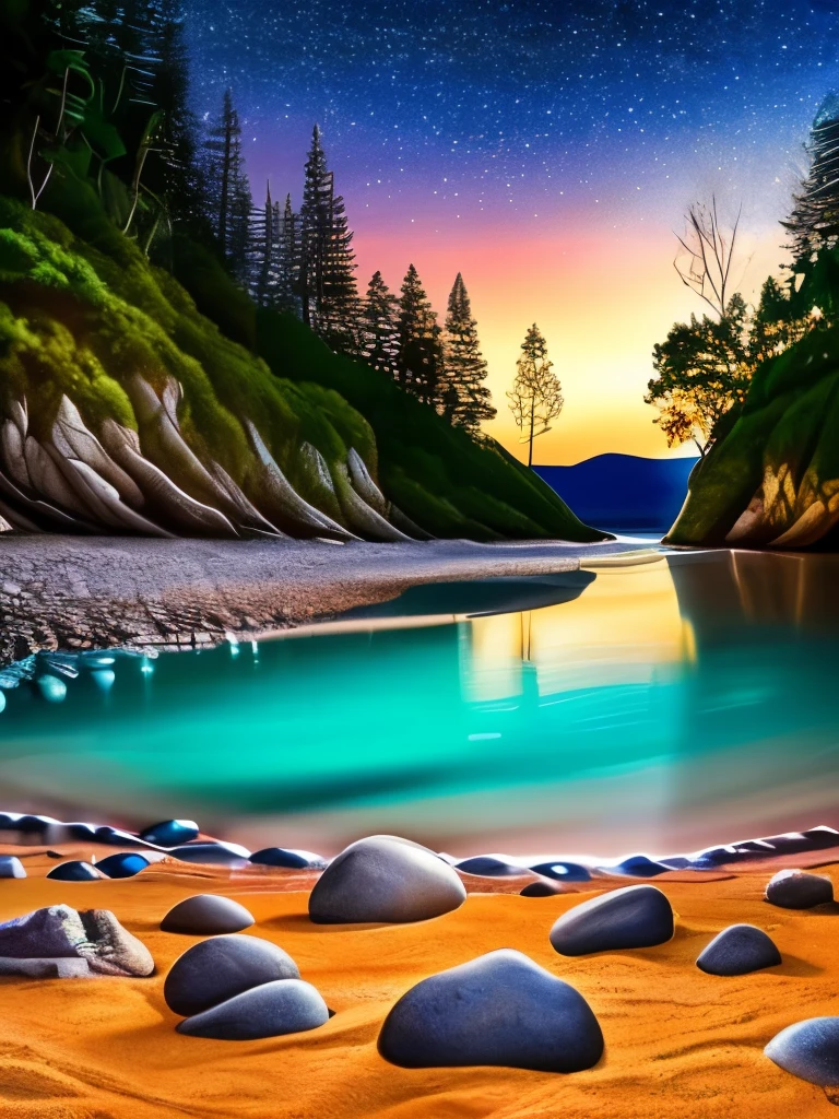 there is a beach with rocks and a lot of lights, a photorealistic painting by Alexander Kucharsky, pexels, conceptual art, glowing crystals on the ground, magical beach, pebbles, makes the sea area glowing water, cave glowing stones, sitting on the beach at night, beautiful image ever created, sparkling cove, magical sparkling lake, luminous sparkling crystals