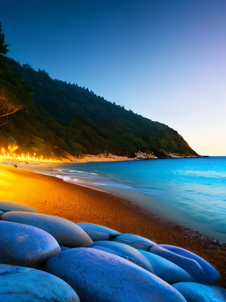 there is a beach with rocks and a lot of lights, a photorealistic painting by Alexander Kucharsky, pexels, conceptual art, glowing crystals on the ground, magical beach, pebbles, makes the sea area glowing water, cave glowing stones, sitting on the beach at night, beautiful image ever created, sparkling cove, magical sparkling lake, luminous sparkling crystals