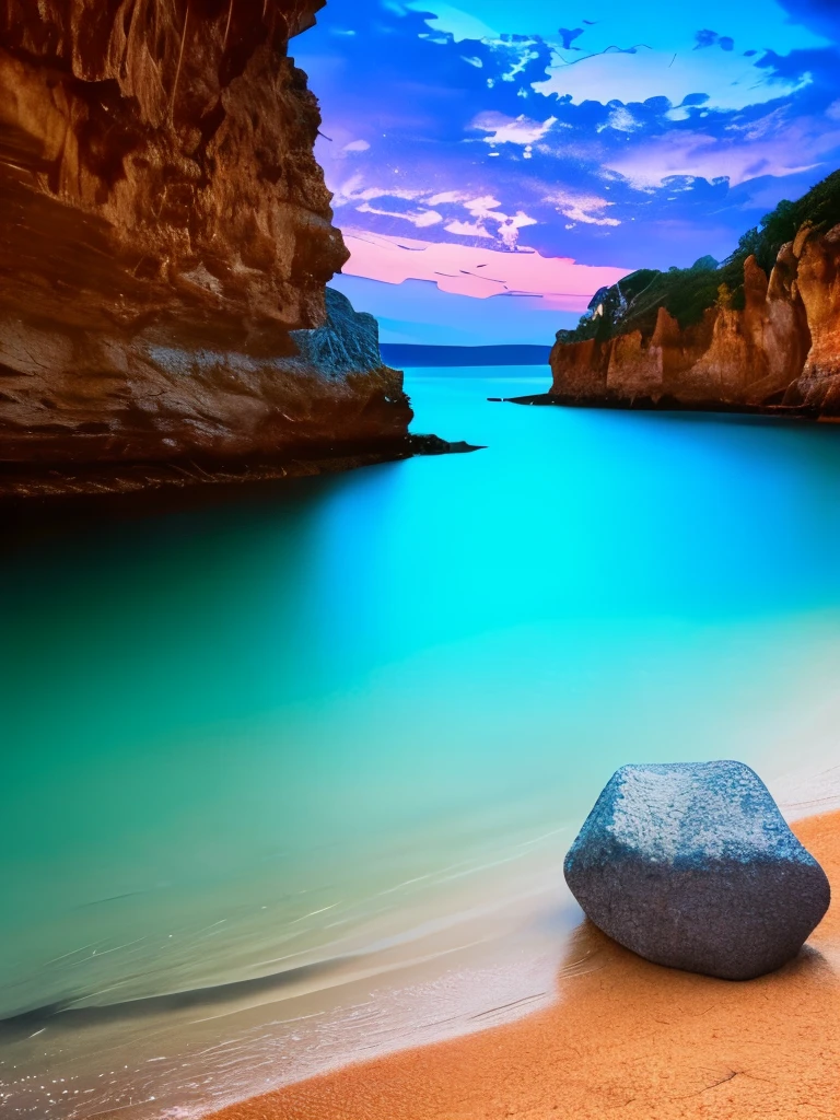 there is a beach with rocks and a lot of lights, a photorealistic painting by Alexander Kucharsky, pexels, conceptual art, glowing crystals on the ground, magical beach, pebbles, makes the sea area glowing water, cave glowing stones, sitting on the beach at night, beautiful image ever created, sparkling cove, magical sparkling lake, luminous sparkling crystals