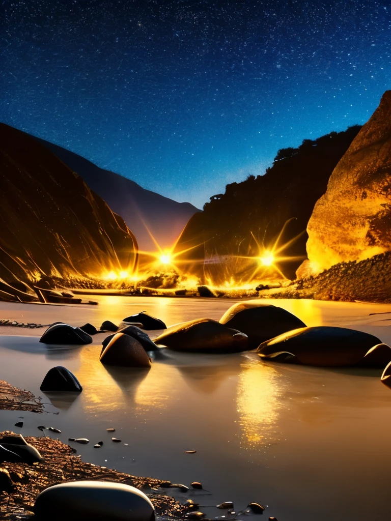 there is a beach with rocks and a lot of lights, a photorealistic painting by Alexander Kucharsky, pexels, conceptual art, glowing crystals on the ground, magical beach, pebbles, makes the sea area glowing water, cave glowing stones, sitting on the beach at night, beautiful image ever created, sparkling cove, magical sparkling lake, luminous sparkling crystals