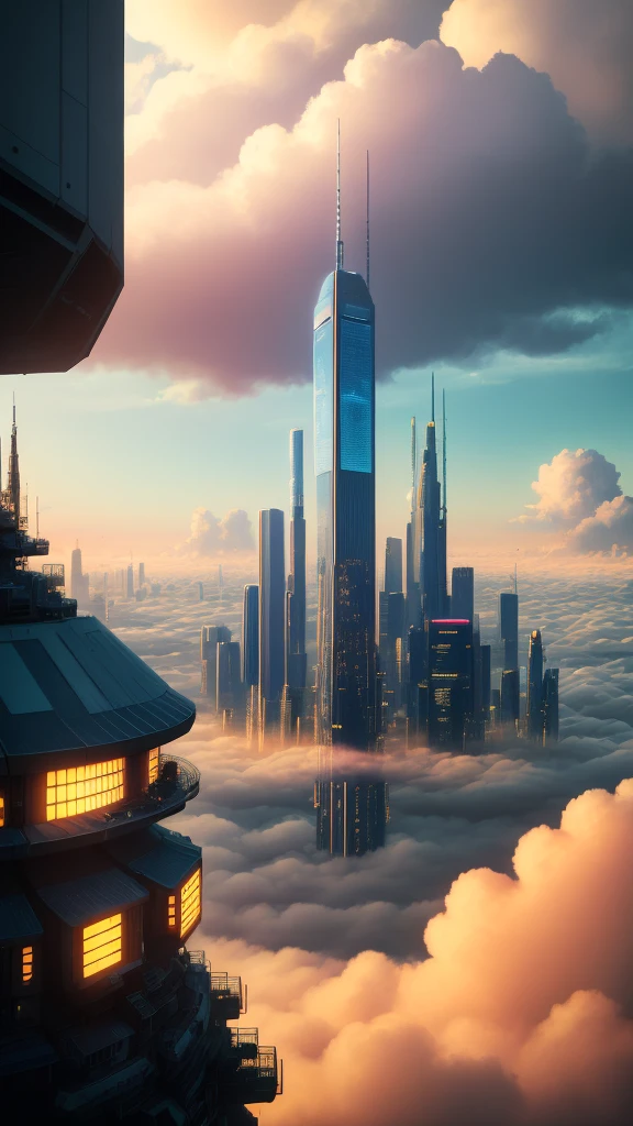 cyberpunked，epcot，Futuristic cityscape lined with skyscrapers，ＳＦart by，top-quality，超A high resolution，dream，futuristic cities，planet earth，Skyscraper high through the clouds，Fantasia