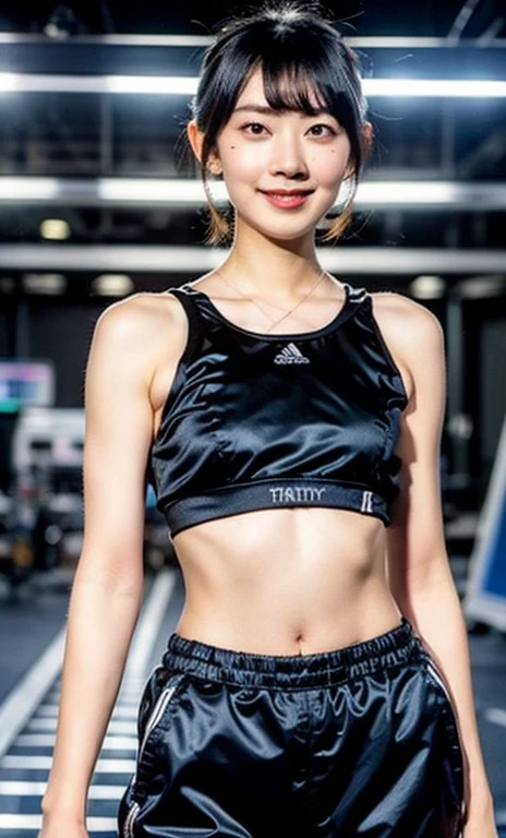short haired asian girl tattoed in a coffe shop tight sport bra and mini tennis skirt