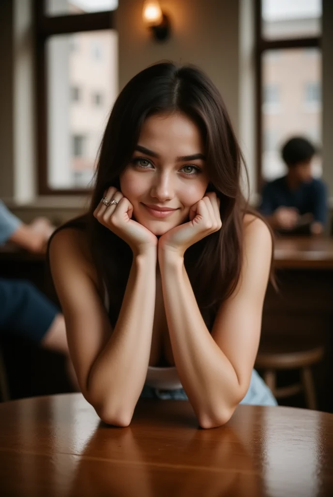 The image is a high-resolution photograph featuring a young woman named maia with a fair complexion and long, straight, dark brown hair. She has striking green eyes and a natural, slightly flushed complexion with a few freckles scattered across her nose and cheeks. Her expression is calm and serene, with a gentle, almost shy smile. She is leaning forward, resting her chin on her hands which are placed on a polished wooden table in what appears to be a cozy, dimly lit café or restaurant. Her fingers are slender and her nails are neatly manicured with a light pink polish.

She is wearing a simple, sleeveless white top that contrasts with her hair and skin tone, highlighting her slender arms and shoulders. The background is slightly blurred, suggesting a shallow depth of field, but it reveals a warm, inviting interior with large windows that let in natural light. The windows are partially obscured by wooden frames and the soft glow of indoor lighting, creating a warm, intimate atmosphere. There are other people in the background, but they are out of focus, adding to the sense of privacy and intimacy. The overall ambiance of the image is relaxed and casual, with a focus on the subject's natural beauty and the serene environment.