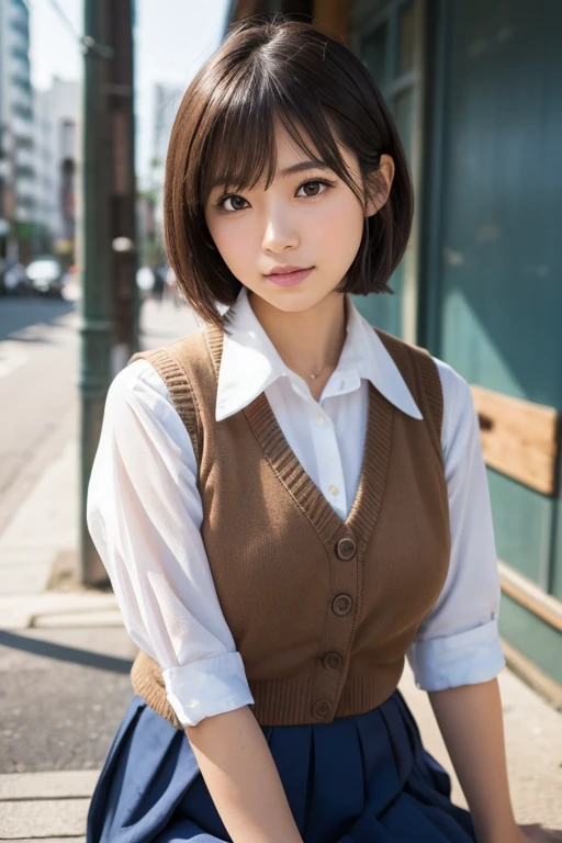 Masterpiece, Top Quality, Top Mikoto, brown eyes, short hair, small breasts, looking at viewer, alone, closed mouth, collared shirt, beige knit vest, dark blue Skirt, school_uniform, shirt, white_shirt, classroom,Masterpiece, highest quality, 8K, detailed skin texture, fine cloth texture, beautiful detailed face, intricate details, super detailed,cute,cute posing,composition that shows the whole body,