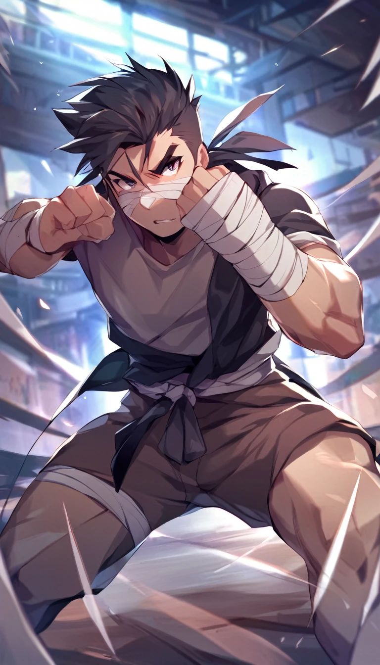 A man with bandages on his hand, Fighting pose, - SeaArt AI