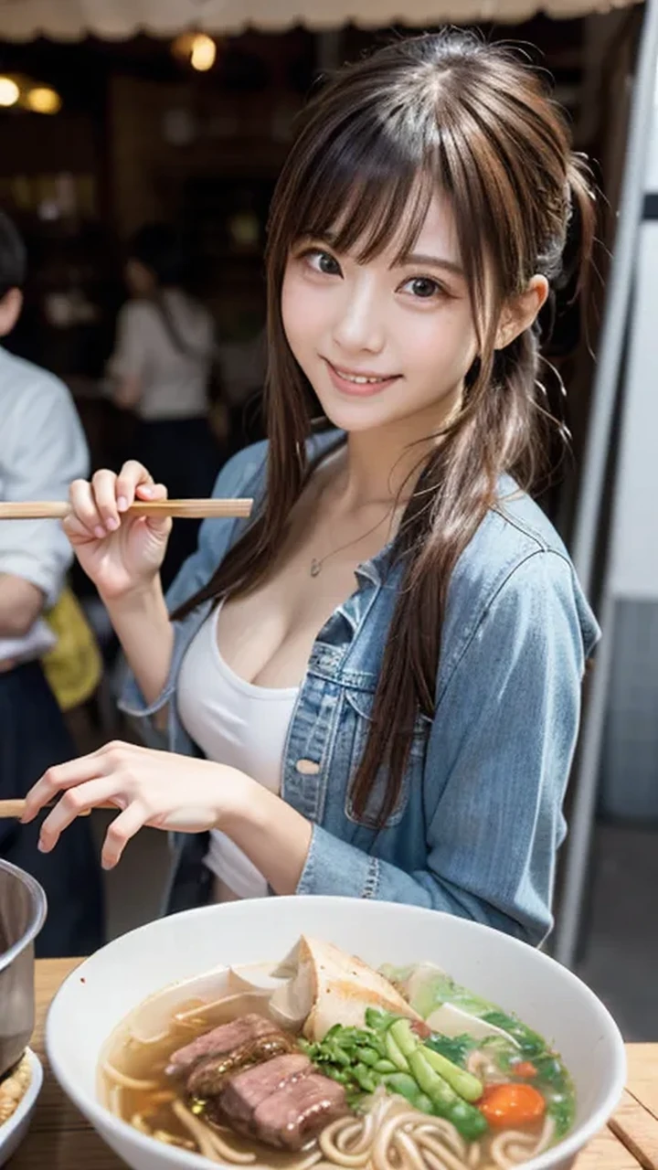 girl,  Japanese, naked, eat, ramen restaurant, smile, pony tail