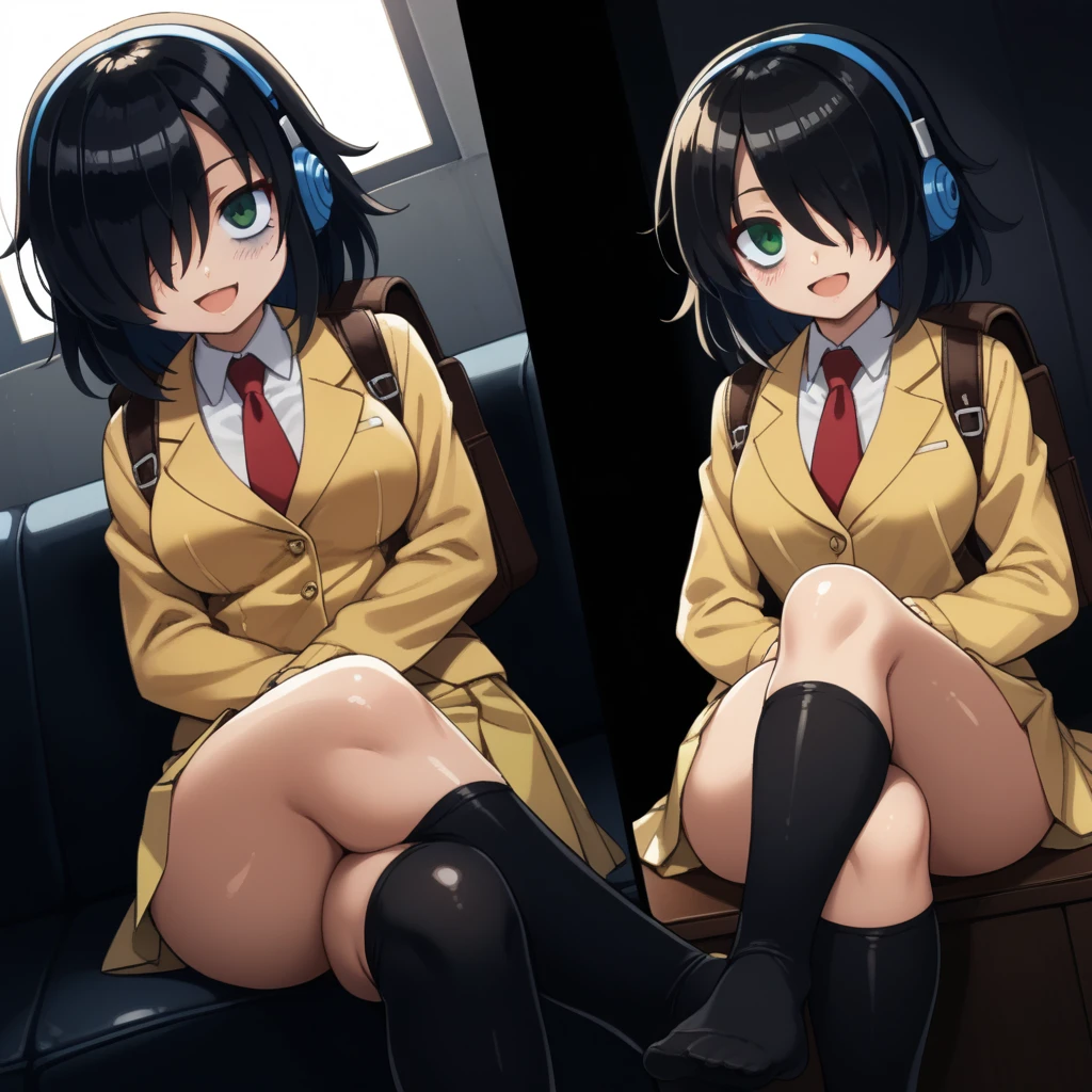 score_9, score_8_up, score_7_up,, solo, source_anime, tomokoxl, bags under eyes, hair over one eye black hair, medium hair, school uniform, red necktie, yellow skirt, short skirt, pleated skirt, yellow jacket, sitting, crossed legs, thick thighs, shiny skin, focus in crossed legs, underwear, white underwear, shiny underwear, lace underwear, white lace underwear, shiny lace underwear, panties, white panties, shiny panties, only crossed legs pose, sexy crossed legs, perfect crossed legs, sexy legs, big thighs, oiled thighs, oiled legs, smile, open mouth, glowing green eyes, evening time, dark room, breast, big breast, sheer knee highs, black knee highs, black sheer knee highs, backpack, leather backpack, brown backpack, focus in crossed legs, focus in legs, blushing, no shoes, cute feet, cute legs, panchira, huge legs, huge thighs, headphones, blue headphones, Beats Studio headphones, blue Beats Studio headphones, Dutch Angle, crossed legs, standing, Multiple Views,