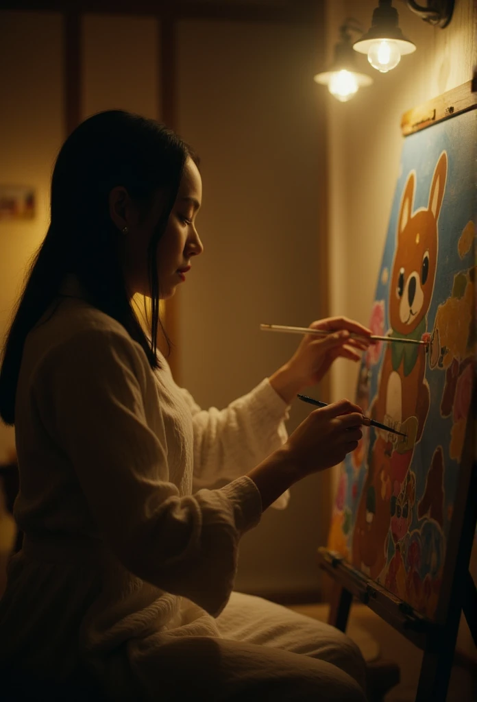 A girl and danbo sitting in cozy room, the girl painting a danbo in canvas, live-action、Realism、cinematic, very beautiful Japanese girl、Black Hair、Long Hair、Hime cut、Dynamic pose, masterpiece、Best Quality