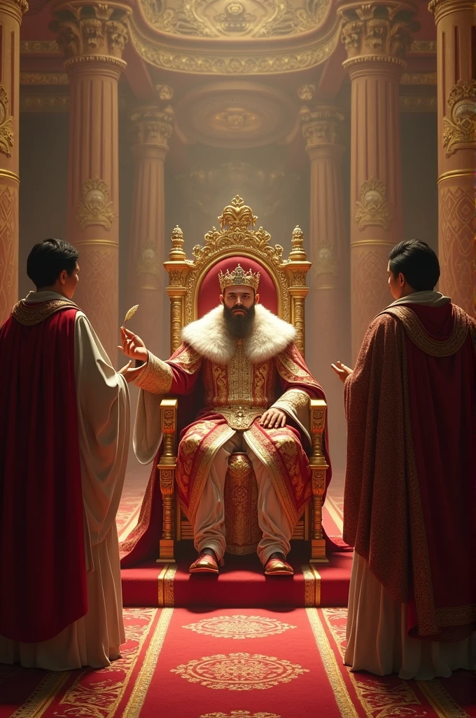 create an image of a king sitting on his throne. Throne of a king and dressed in royal clothes on his head a crown and person prostrate at his feet