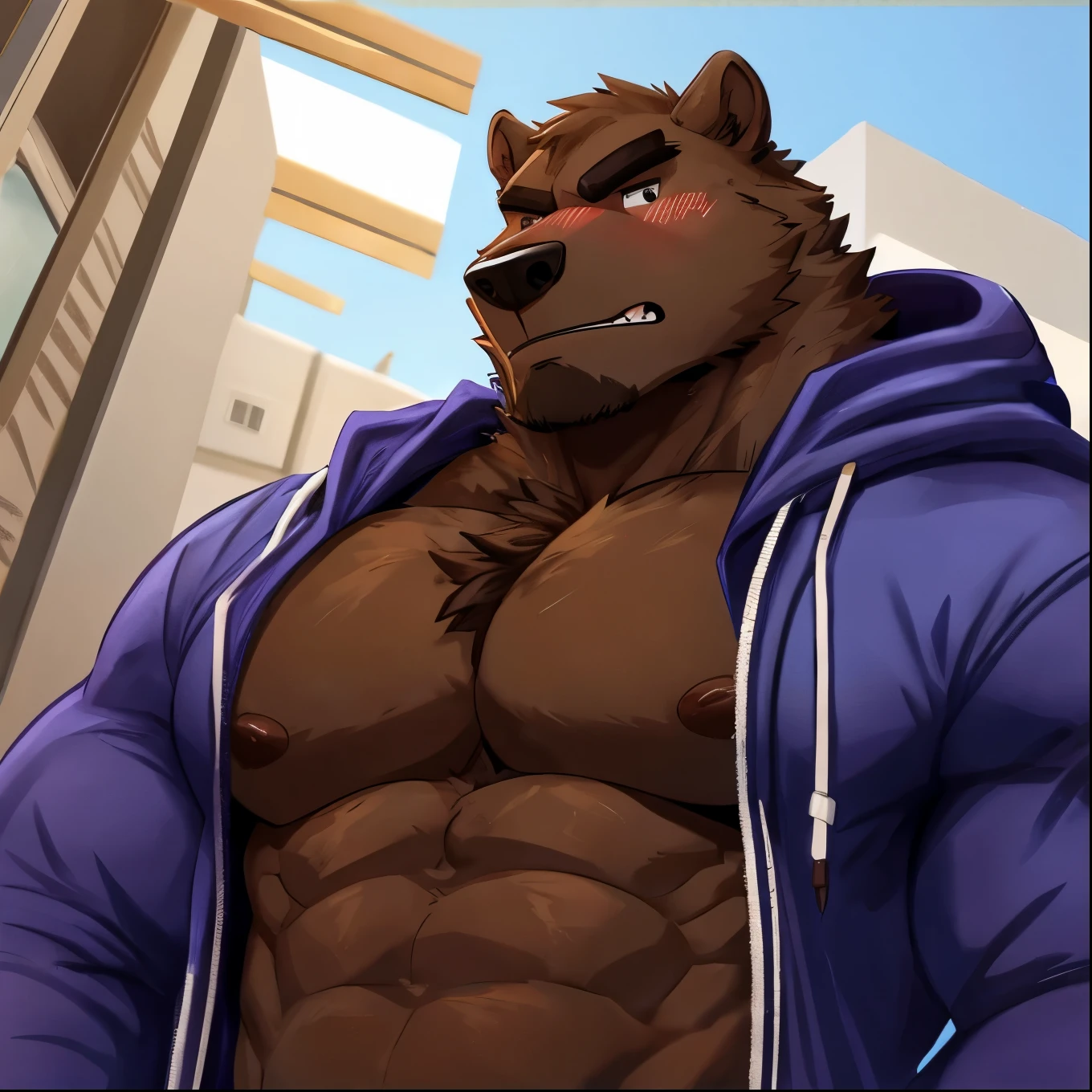 Solo, male, grizzly bear, tan fur, standing, alleyway, (((muscular, tall, buff, strong, powerful, biceps))), slightly chubby, by bebebebebe, smirking, nude, thick penis, big balls