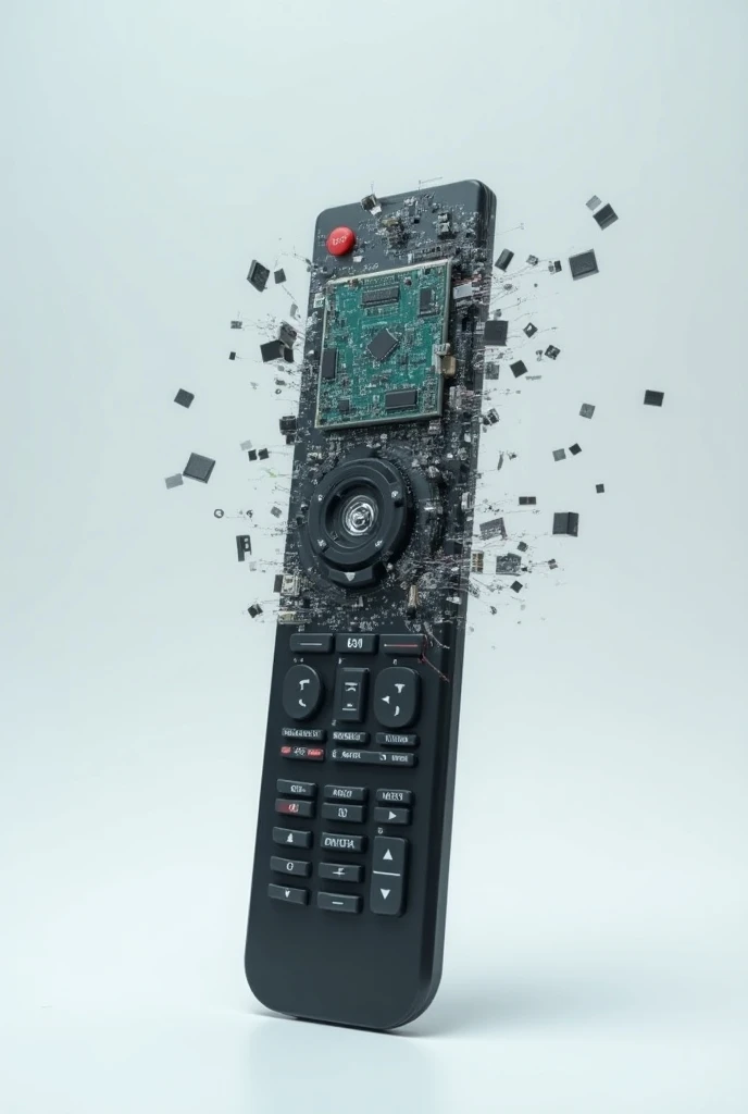 Image of a television remote control with an unassembled digital digital plasma Android screen showing its internal parts and technical engineering parts