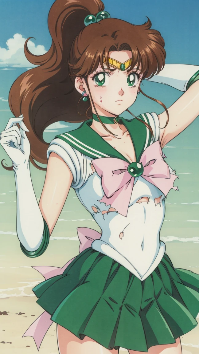 Best Quality,  High Resolution , 1990s \(style\), retro artstyle, 1990s anime cels style, Sailor Jupiter,  finding,   Sailor Warrior Uniform  , Green sailor collar,   white gloves in the wasteland, Green pleated skirt, Pink Ribbon,  ponytail,  Jewelry ,  earrings、(Torn clothes、)、dynamic、廃墟で finding、Torture scene、torture chamber、Tortured woman、tears、、sad