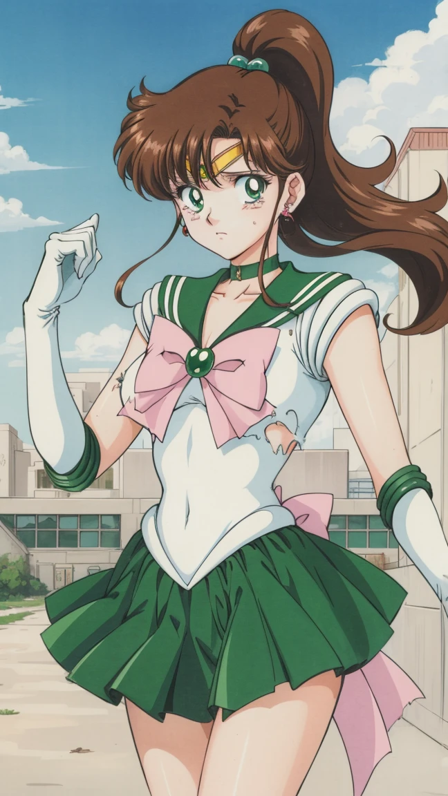 Best Quality,  High Resolution , 1990s \(style\), retro artstyle, 1990s anime cels style, Sailor Jupiter,  finding,   Sailor Warrior Uniform  , Green sailor collar,   white gloves in the wasteland, Green pleated skirt, Pink Ribbon,  ponytail,  Jewelry ,  earrings、(Torn clothes、)、dynamic、廃墟で finding、Torture scene、torture chamber、Tortured woman、tears、、sad