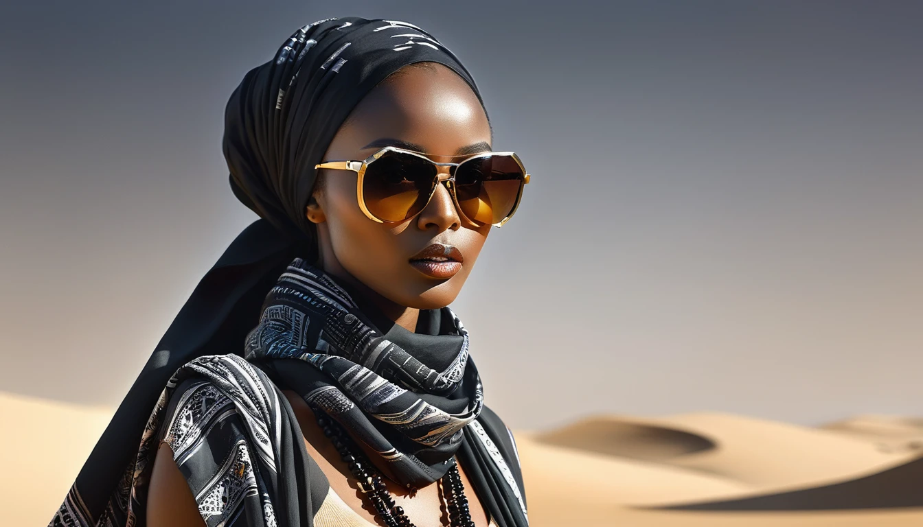 Alastair Magnaldo， Beautiful black African female models，Beautiful black African female model wearing a black scarf ，Wearing sunglasses，African tribes ，High Saturation，painting，Ultra-fine details，4K