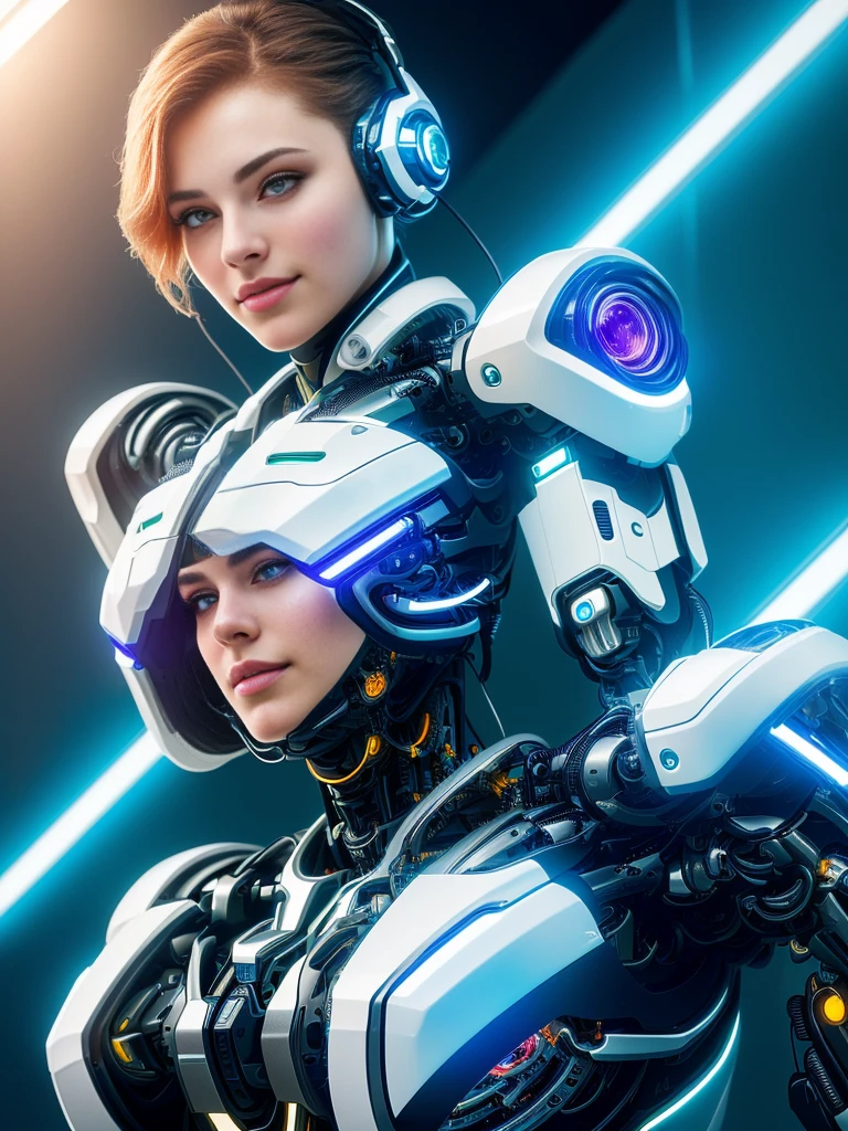 Technological robot woman, with lights on your hands and body, very detailled, beautiful and ultra realistic