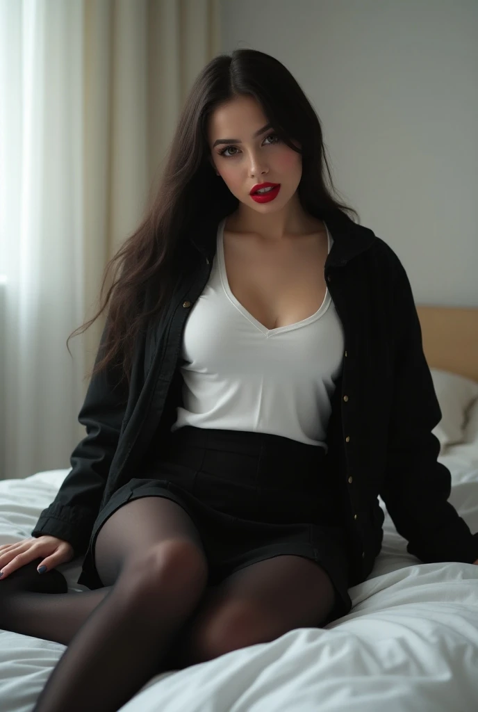 ((best quality)), ((masterpiece)), (detailed), perfect face, provocative face, female with black color hair, long hair, curly hair, happy women, strong personality, focus on eyes, 25 Years old women, perfect body, blue eyes, High OPEN eyes, sensitive eyes, big eyes, decent makeup, Full lips, bih smile, OPEN month, perfect teeth, strong hips, big Tits, narrow Waits, whole body, go to Bed, High color, red silk shirt, Sleep shirt, rihanna