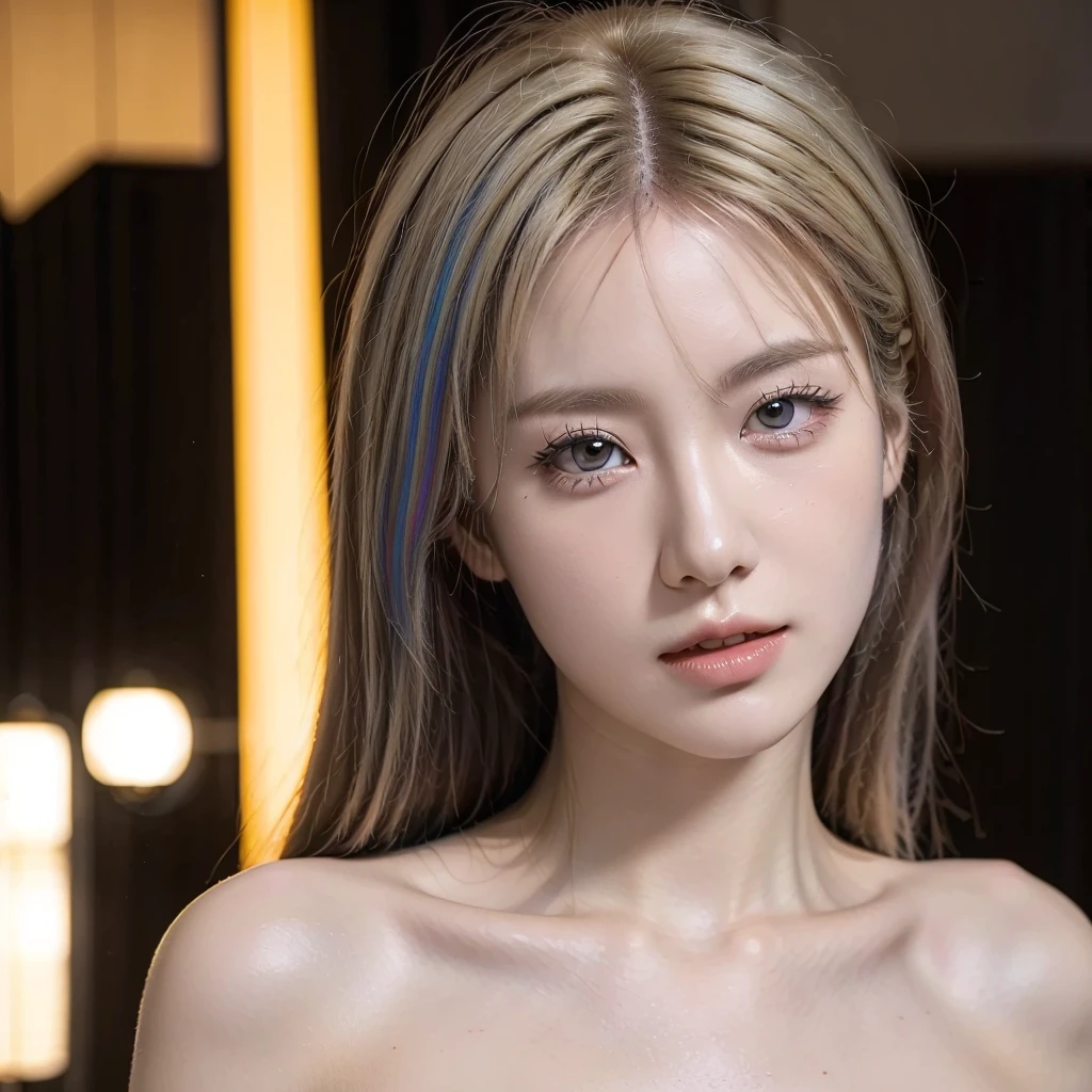 (Highest quality, 4K, 8k, High resolution, masterpiece:1.2), Very detailed, (Realistic, photoRealistic, photo-Realistic:1.37)、club、stage、Japanese、(Completely naked)、ear piercing、Blonde with a black choker、(Hairstyle:random),Shiny skin caused by lotion、Gal Fashion、Oily skin、Sweaty skin