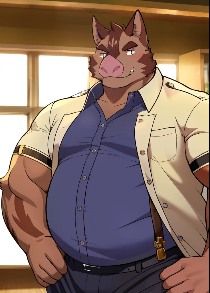 Hermann KC , only, Male, (Soft shadows), 4K, Hello nothing, Face, ntier,  look at the viewer , smile, Shirt, (you know), Upper body,  emphasis on men , Shirt mit Kragen, Hose, strap, lock, detailliertes Face,  detailed eyes , tusks ,  rub his big round front belly with something,  moving in it 