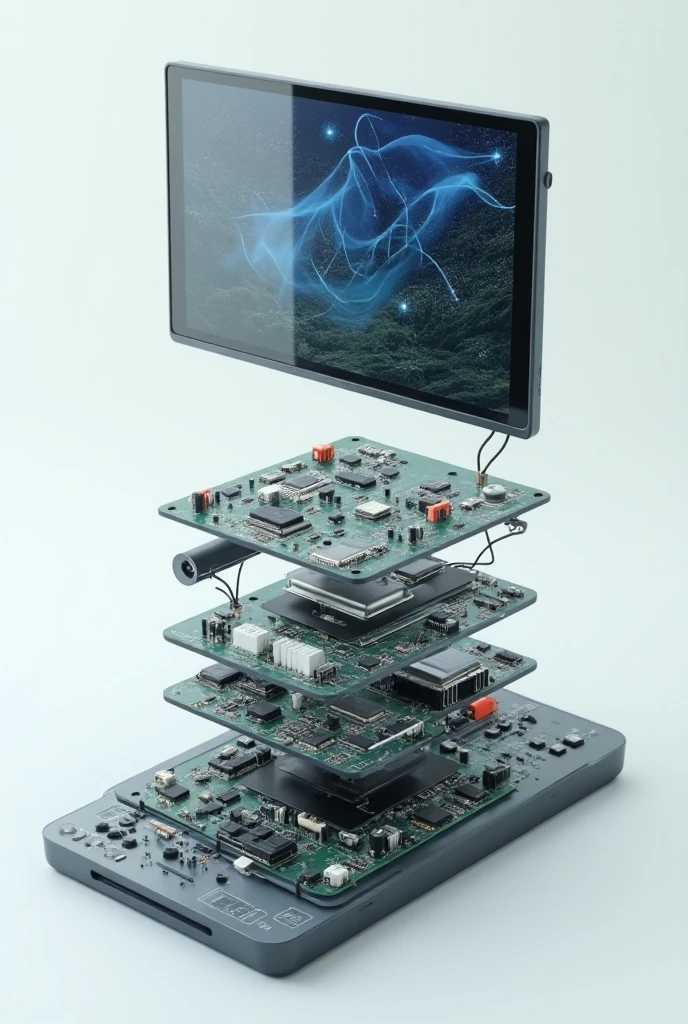 Image of a television remote control with an unassembled digital Android plasma display showing its internal parts and technical engineering parts with an electronic digital screen