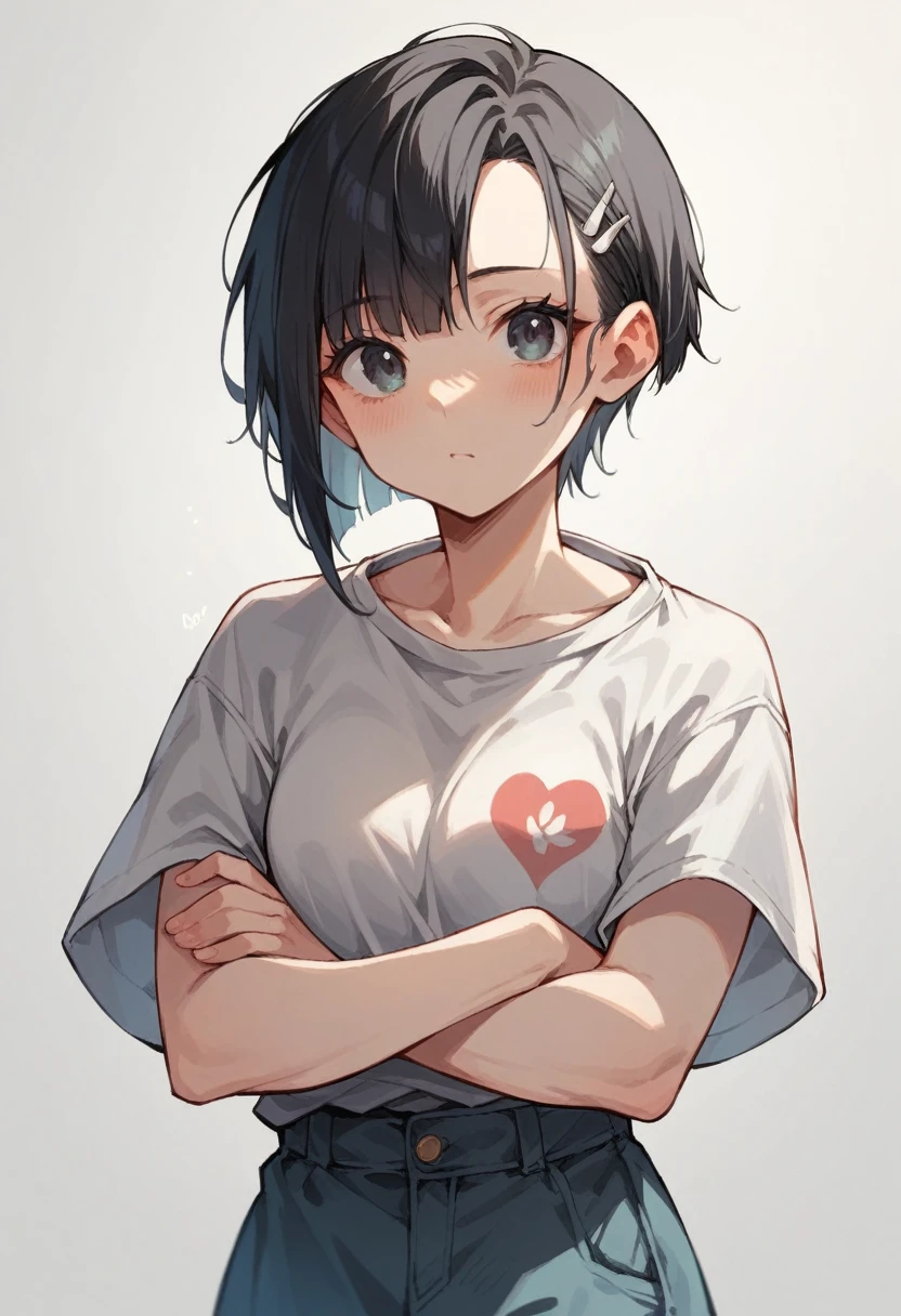 Una , pelo largo rubio y ondulado con ojos color rosa, 6 appearance, con una cara inocente y pura, con solo una camiseta larga sin nada abajo, pose tierna de cuerpo completo, and small.