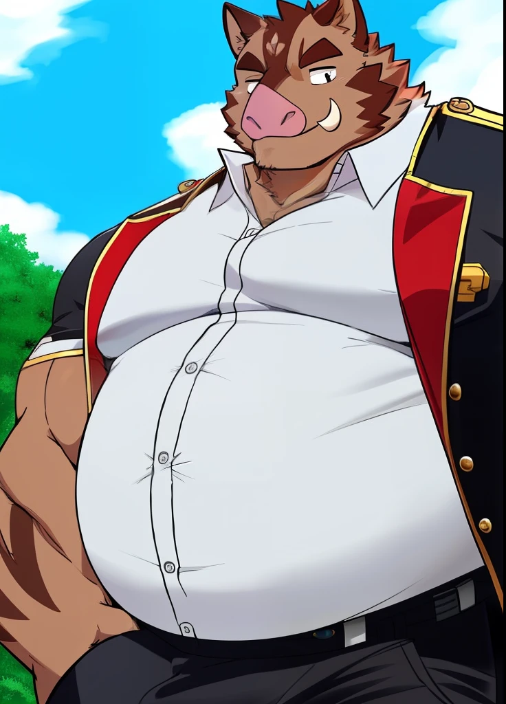 Hermann KC , only, Male, (Soft shadows), 4K, Hello nothing, Face, ntier,  look at the viewer , smile, Shirt, (you know), Upper body,  emphasis on men , Shirt mit Kragen, Hose, strap, lock, detailliertes Face,  detailed eyes , tusks ,  rub his big round front belly with something,  moving in it , Hermann KC (massiv:3.0,big muscle:1.1( heavyweight,stark,Macro,Big bulge, Emphasize)),