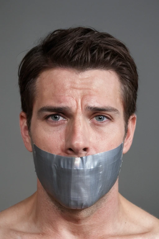 middle-aged handsome man half body, hairy chest, naked, short brown hair, stubble, facial hair, bearded,tape gag, tape wrapped, wrap gag, tightly bound, tape wrapped around face