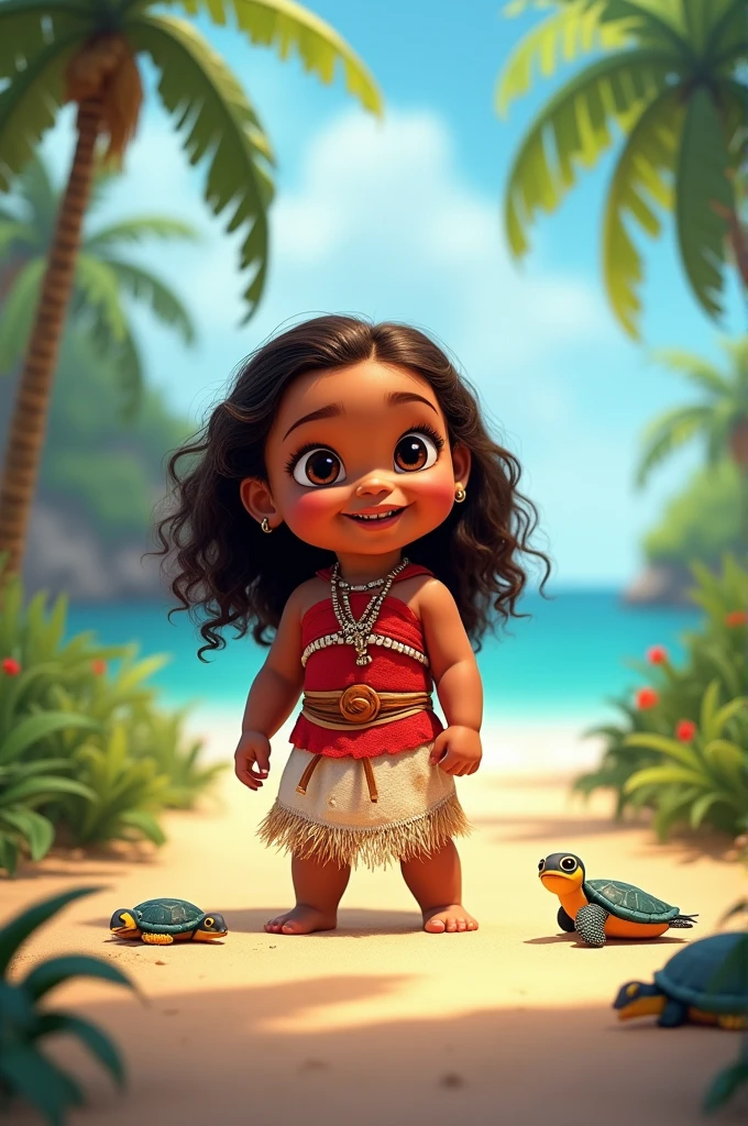 Create a scene where an adorable real baby girl is wearing a costume of the cartoon character Moana ultra realistic 4k motion camera
