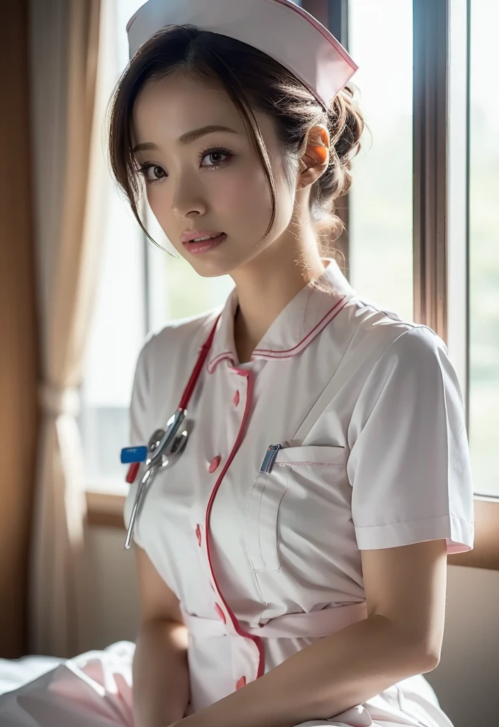 1 girl,(Wearing white nurse clothes:1.2),(RAW Photos, highest quality), (Realistic, photo-Realistic:1.4), masterpiece, Very delicate and beautiful, Very detailed, 2k wallpaper, wonderful, finely, Very detailed CG unity 8k wallpaper, Very detailed, High resolution, Soft Light, Beautiful detailed girl, Very detailed eyes and face, Beautiful and detailed nose, finely beautiful eyes, nurse, Perfect Anatomy, Black Hair, Upstyle, nurse uniform, ((nurse cap)), Long skirt, nurse, White costume, thin, hospital, clear, White Uniform, hospital room, Neck auscultation,Close your face,