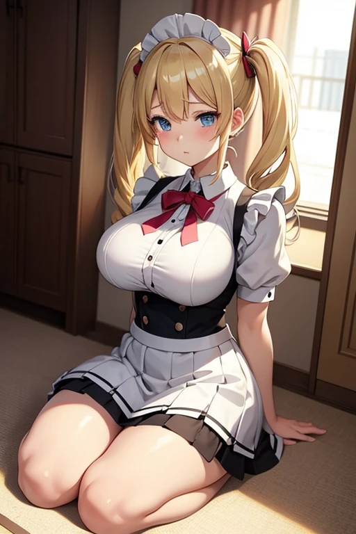 ((highest quality、High resolution、8k、masterpiece:1.3))、Portrait、A beautiful woman、Perfect body、beautiful ample breasts、Nipples、Long blonde、Maid、No panties、Embarrassed、Legs wide open、(((POV、Having sex、orgasm)))、Creampie