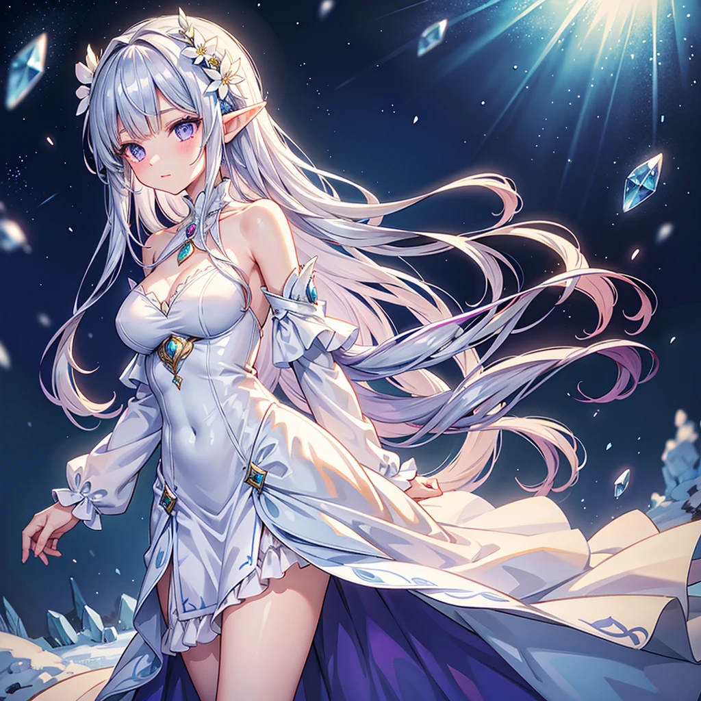 
The following「Re:Starting Life in Another World from Zero」Here is a detailed prompt inspired by Emilia from。

A high-quality digital illustration of a female character inspired by Emilia from "Re
- Starting Life in Another World." The character has long, flowing silver hair that cascades down her back, with soft bangs framing her delicate face. She has large, expressive purple eyes that reflect both kindness and determination. Her skin is fair, with a gentle, ethereal glow, emphasizing her half-elf origins.

She is dressed in a flowing, elegant white and purple outfit that reflects her regal yet gentle personality. The outfit features a fitted bodice with intricate silver and purple details, along with a long white cloak draped over her shoulders, giving her a graceful and noble appearance. Her outfit also includes a flower-shaped hair accessory on one side of her head, adding a touch of softness and femininity to her look.

The character is standing in a serene, snowy landscape, with soft snowflakes gently falling around her. The background features tall, snow-covered trees and a glowing, icy-blue sky that enhances the magical atmosphere. She is surrounded by a subtle, shimmering magical aura, symbolizing her powerful connection to spirits, particularly Puck, her spirit companion. Her expression is calm and kind, yet with a hint of sadness, reflecting her internal struggles and complex emotions.

The overall illustration captures both her beauty and inner strength, with vibrant colors and intricate details, giving a mix of fantasy elegance and emotional depth.