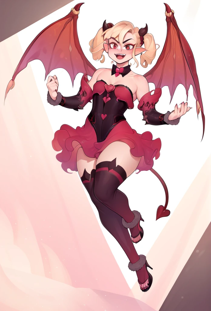 1girl, Solo, High Resolution, Masterpiece, Anatomically Correct, Best Quality, Super Detailed, UHD, HD, Blonde Hair, Sidelocks, Asymmetrical Hair, Long Pointy Ears, petite frame, tall female, succubus, monster girl, fangs, demon horns, small wings, succubus wings, devil tail, (meticulously detailed hands and feet), five fingers, five toes, curvy hips, small breasts, ((Laughing, Evil Smile, Fang Out, Seductive Smile, Ear Blush, Long Eyelashes, Naughty, Hair Ornament, Hyperdetailed, Digital Art, Anime Style, 