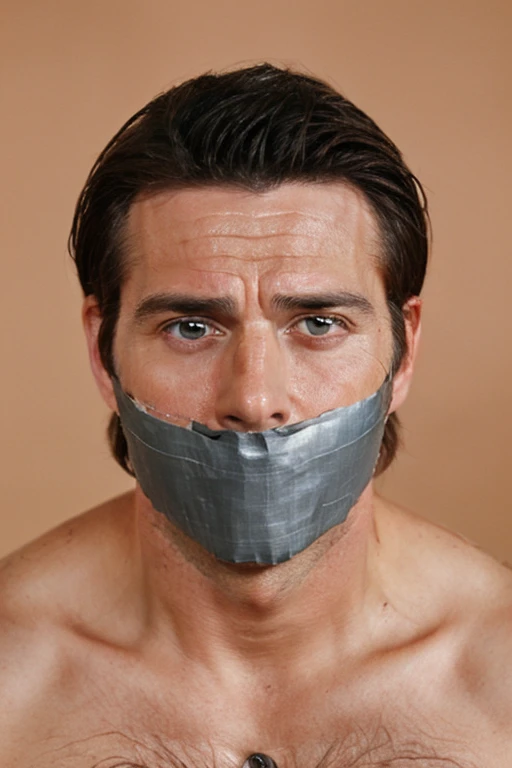 middle-aged handsome man half body, hairy chest, naked, short brown hair, stubble, facial hair, bearded,tape gag, tape wrapped, wrap gag, tightly bound, tape wrapped around face