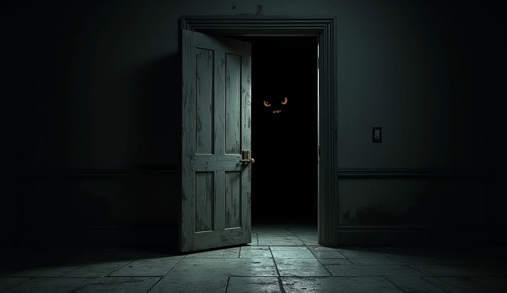 realistic a mysterious door opens, see a scary dark wood in the door at night, everything almost blackout and see scary strange eyes opened in the forest, glaring at them with a sinister smile in the dark wood 