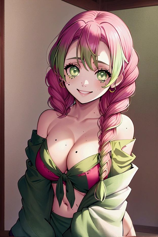 masutepiece, Mitsurikan Log, Mitsuri Kanroji, braid, Gradient Hair, (Green eyes:1.5), Green hair, Long hair, mole, mole under the eyes, multicolored hair, Pink hair, Twin braids, Two-tone hair, cleavage, break looking at viewer, Break indoors, break (masutepiece:1.2), Best Quality, High resolution, Unity 8k Wallpaper, (Illustration:0.8), (Beautiful detailed eyes:1.6), extra detailed face, Perfect Lighting, extremely details CG, (Perfect hands, Perfect Anatomy),colourful hair, The whole body is reflected, (Off-the-shoulder costumes:1.5), ((chest wide open and exposed)), (Smile), ((undergarment)), ((Torn clothes)), ((The bikini)), , ((Torn clothing)), on the beds hot