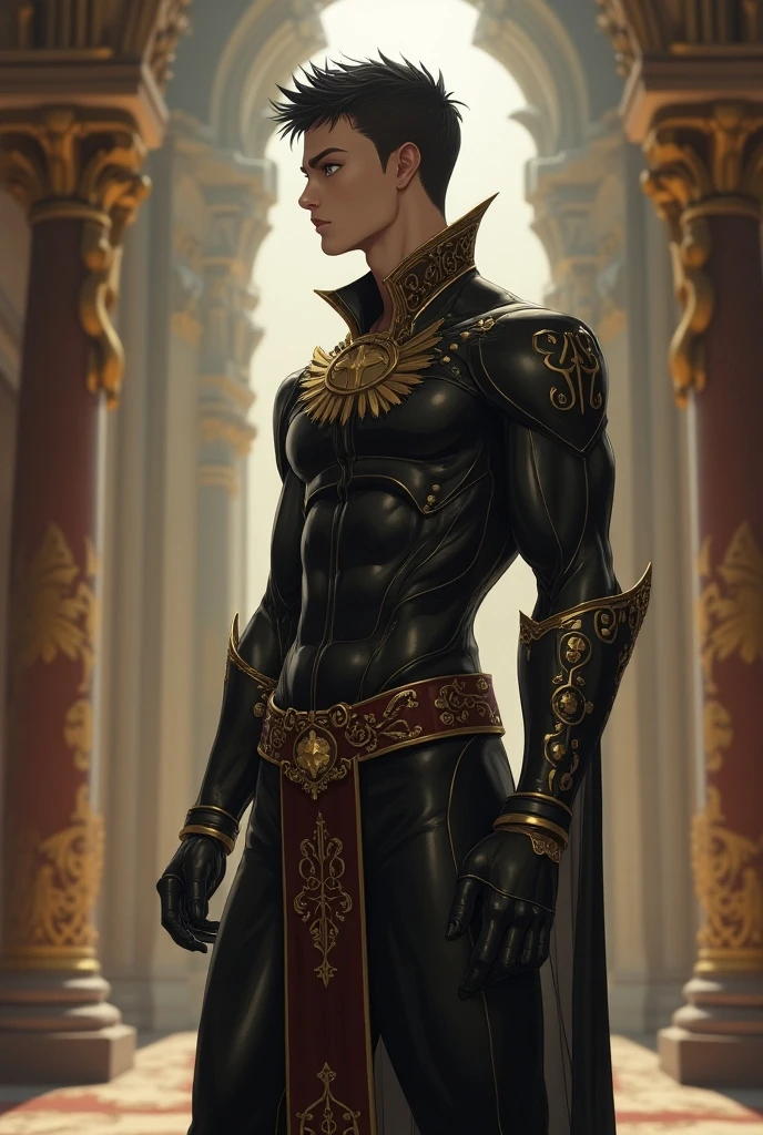 ### Full-body image: Genie of the Lamp

**Description:**
masculine and sallow face - **kor:** 17 years - **Height:** 1,90 m
- **body type:** Slim and defined - **body hair:** 小柄, covering the eyes - **Skinned:** Pale with runes inscribed on the body - **dark circles:** visible, giving an imposing appearance - **badass clothing:**
  - **Top:** Veil fabric crop top with blue and black sleeves, with fabrics flowing from the bottom - **pants:** loose, com um degradê de tons de azul, bouffant at the bottom and with a bell-bottom adorned with triangular details - **Accessories:**
  - **jewelly:** aretes, wristbands, rings, ankle bracelets, gold necklaces and chains - **face ornaments:** Gold on the face, inspired by Egyptian and Indian styles - **styled:** emo, with a masculine touch - **pantsdos:** barefoot, with transparent veils - **might:** Ability to fulfill desires

**Additional note:**

- This genie lamp combines classic and modern elements, displaying a mix of grandeur and elegance with a touch of rebellion and mystery.