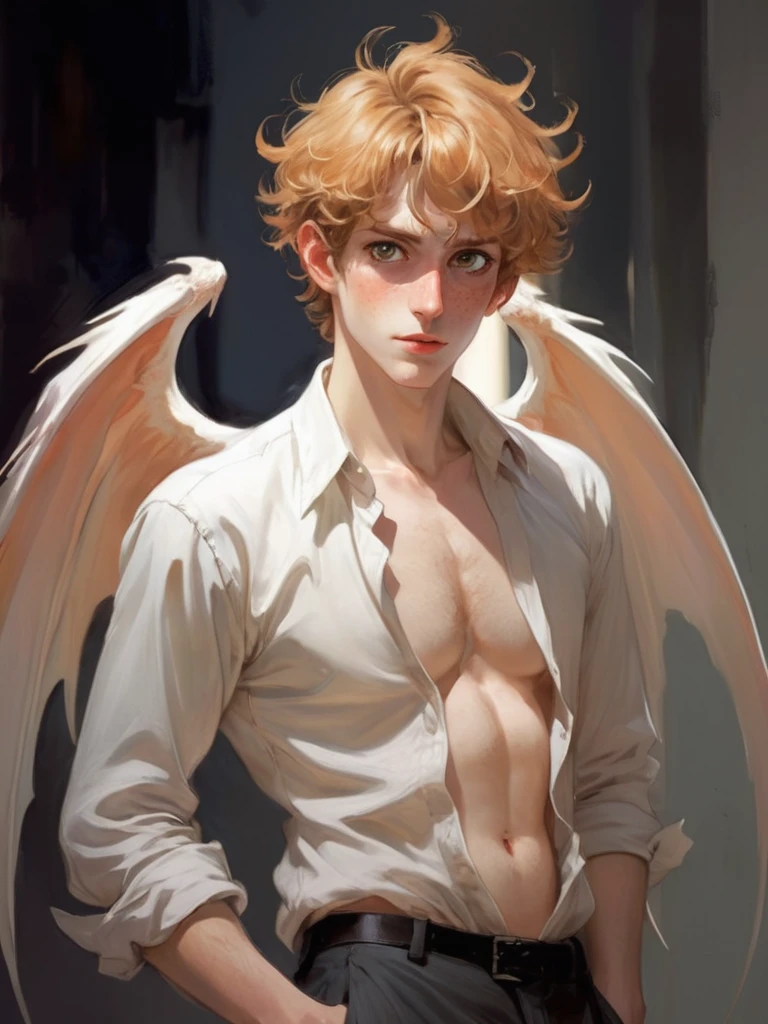 Lucifer, male body, angel with male face, six wings, nude, long unkempt orange hair, male, highly detailed, intricate details, dramatic lighting, cinematic atmosphere, vivid color, masterpiece, photorealistic, 8k, ultra-detailed, surreal, dramatic pose, powerful, mystical, amazing, glowing, sacred, celestial, sacred, mythical, fantasy, epic, movie, chiaroscuro lighting, dramatic shadows, volumetric lighting, depth of field, bokeh, beautiful lake