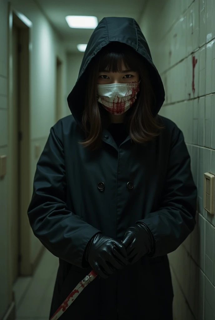 korean girl, (behind stiff, holding knife), surgical mask, black leather gloves, bath room, black raincoat, hood up, holding knife, leather gloves, woman on top, behind cadaver, looking at viewer, blood splatter, night, mass murderer, killer, short hair, blood splatter, dark atmosphere, cinematic lighting, atmospheric realistic, neon lighting, tripod and camera in the back, shooting with camera