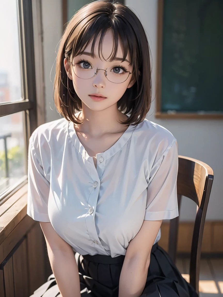 8k, RAW Photos,  best quality, masterpiece, Realistic, Realistic, (1 Ultimate Beauty),(Make sure there is only one person in the photo)、Japanese women, , (  black short bob hair  ),  plump body ,  black eyes ,( wear rimless glasses )  Japanese high school girl uniform, ( woman in white shirt), Huge breasts, Light Gray Pleated Skirt,  sit on a chair,  seductive pose , Full Body Shot,  sensual look,  In the classroom