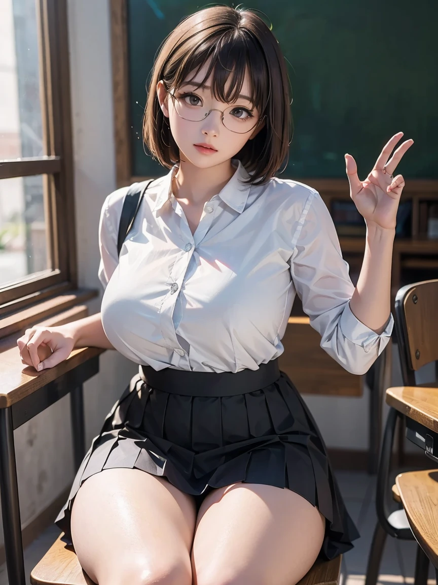 8k, RAW Photos,  best quality, masterpiece, Realistic, Realistic, (1 Ultimate Beauty),(Make sure there is only one person in the photo)、Japanese women, , (  black short bob hair  ),  plump body ,  black eyes ,( wear rimless glasses )  Japanese high school girl uniform, ( woman in white shirt), Huge breasts, Light Gray Pleated Skirt,  sit on a chair,  seductive pose , Full Body Shot,  sensual look,  In the classroom